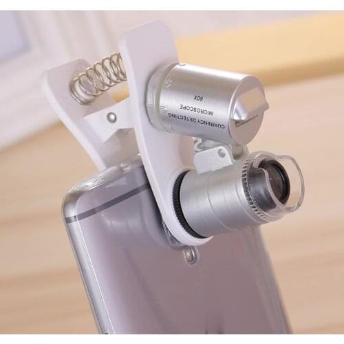 Without Battery Mobile Phone Clip Magnifier 60X Portable Microscope with LED Lamp UV Purple Lamp Microscope
