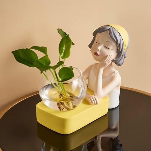 Cute Girl Hydroponic Vase Resin Character Model Glass Vase Modern Living Room Dining Table Desktop Decoration Accessories Gifts