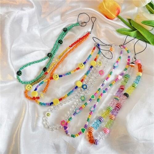Cute smiley New Colorful Acrylic Beads Pearl Charm Mobile Phone Chain Cellphone Strap Anti-lost Lanyard For Women Summer Jewelry