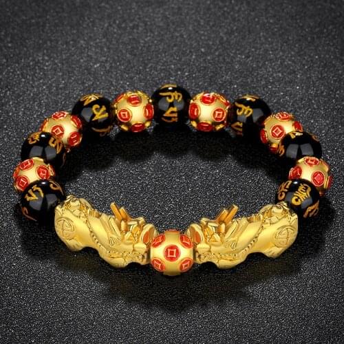 Tide Bracelets Vietnam Sand Gold PIXIU Bracelets Men and Women Lovers Obsidian Imitation Gold Mule Discoloration Six Words 12mm