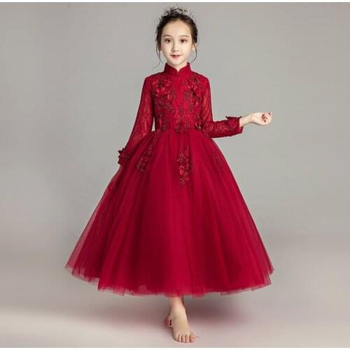 Fashion Red Spring Autumn Long sleeve Embroidery Flower Girls Dresses Belt Ruffled Elegant Children Evening Prom Long Dress