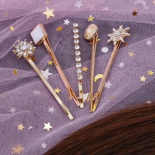 5pcs/lot Fashion Women Girls Rhinestone Hair Clip Flower Pentagram Geometric Hairpins Gold Silver Plated Vintage Metal Hairgrips