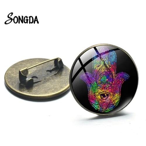 Punk Evil Eye Glass Photo Brooches Hand of Fatima Shape Bronze Plated Backpack Bag Badges Pin Men Clothing Accessories