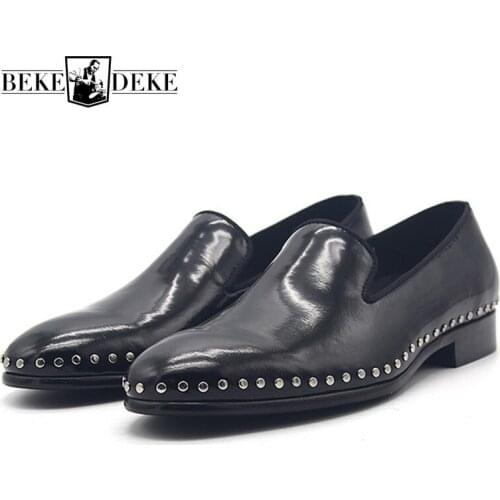 Handmade Mens Genuine Leather Dress Shoes Business Man Rivets Patent Leather Loafers Party Slip On Social Formal Shoes Plus Size