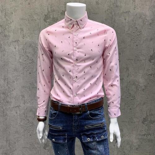 2021 Spring & Autumn New Men Slim Print Long Sleeve Shirt Thin Business Casual Plus Size S-2xl Simple Pink Shirt Free Shipping