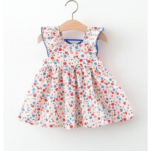 New Summer Girls Casual Dresses Square Collar Backless Floral Print Clothing Baby Girl Fluffy Dress for Holiday 1-4T