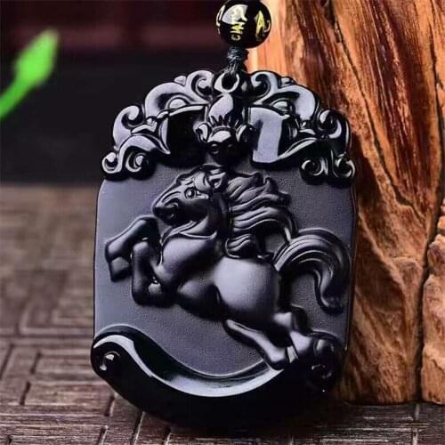 Natural Black Obsidian Beads Necklace Hand-Carved Zodiac Horse Jade Pendant Fashion Charm Jewelry Amulet for Man Women Gifts