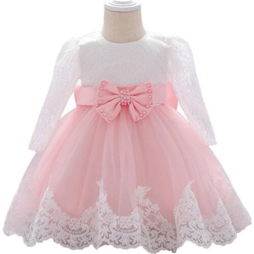 Birthday Dress For 1 Year Baby Girl Hollow Long Sleeves With Bow Knot Christening Gown Tutu Dresses Party And Wedding Mesh Cute