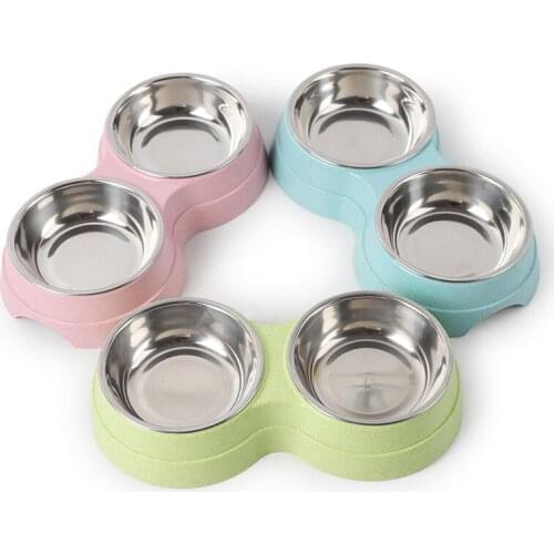 Wheat Straw Pet Double Bowl Drinking And Feeding Dual Purpose Stainless Steel Pet Supplies Feeding Bowl