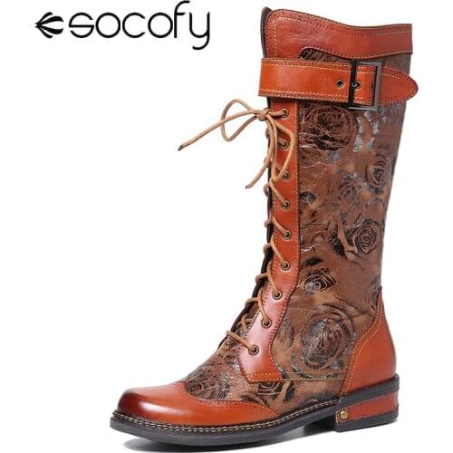 SOCOFY Embossed Rose Pattern Genuine Leather Splicing Metal Buckle Mid Calf Boots Elegant Shoes Women Shoes Botas Mujer