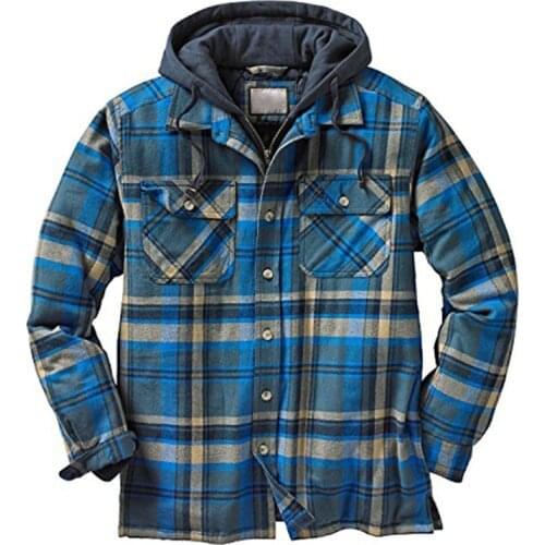 Quilted Thick Plaid Long-Sleeved Loose Jacket Mens Hoodie Quilted Lined Flannel Hooded Full-Zip Shirt Jacket NYZ Shop