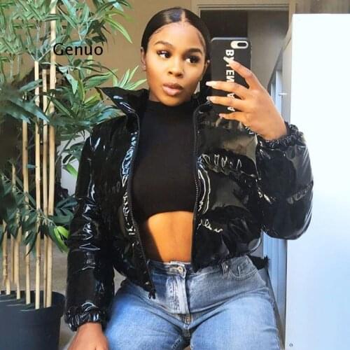 Crop Bubble Puffer Coat Winter Parkas Faux PU Leather Warm Long Sleeve Women Outerwear Zipper Casual Solid Slim Hot Jacket