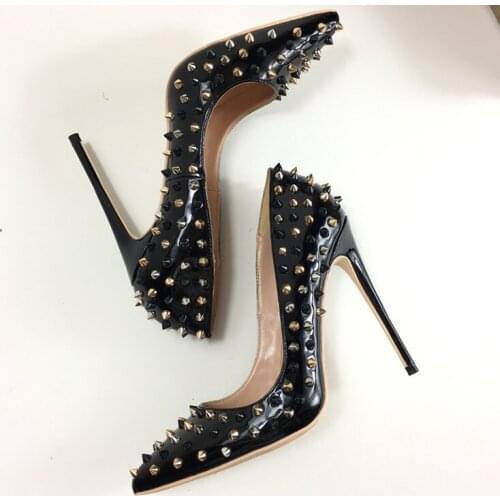 2018 New Fashion Patent Leather Rivets Studded High Heels 12CM Heels Pointed Toe Woman Pumps Runway Thin Heels Shoe