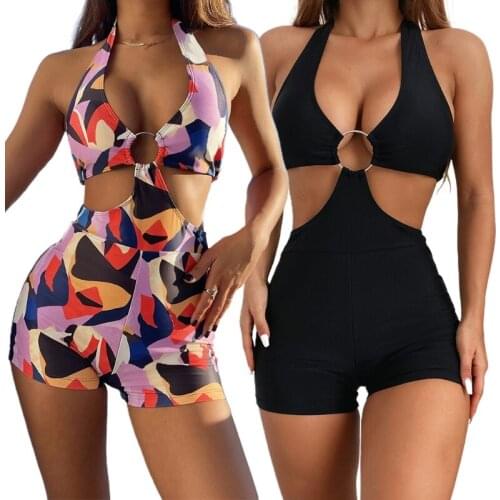 Women Sexy One-Piece Bikini Swimsuit Halter Deep V-Neck Backless Metal O-Ring Monokini Cutout High Waist Boyleg Shorts Jumpsuit