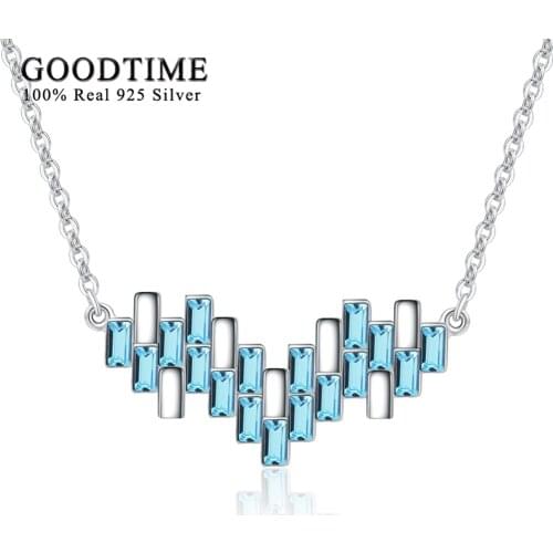 Pure 925-sterling-silver Necklaces For Women Pink & Blue V Shaped Crystal Necklace Silver 925 Jewelry Fashion OL Style Jewelry