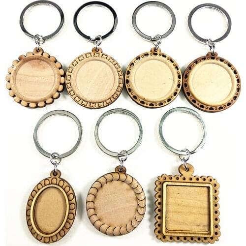 24pcs wood cabochon settings 25mm 18*25mm inner size blank cameo keychain base trays with Metal buckle for keyring making