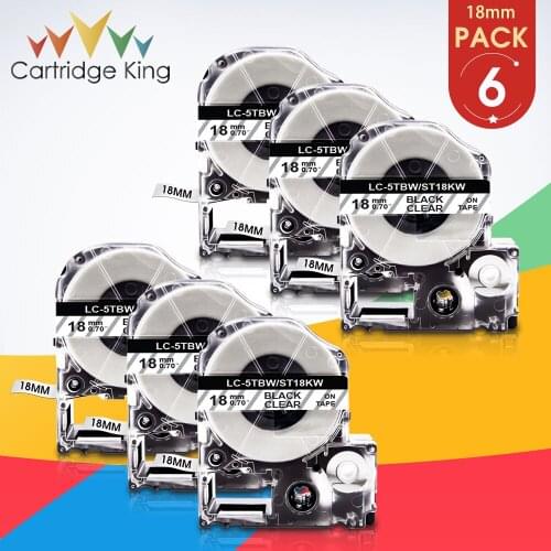 6PK for Epson ST18KW LC-5TBN Black on Clear 18mm for Tepra PRO King Jim LW-400 LW-500 LW-600P LW-K400 LW-400 LW-500 W-600P Maker