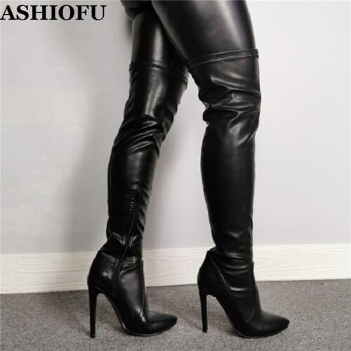 ASHIOFU New Handmade Women High Heel Boots Real Picture Night-club Party Over Knee Boots Winter Evening Prom Fashion Long Boots