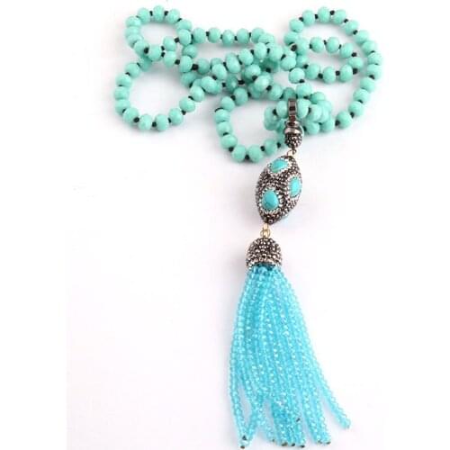 Free Shipping Fashion Bohemian Jewelry Blue Long Crystal Glass Knotted Handmake Paved Ball Cross Necklace