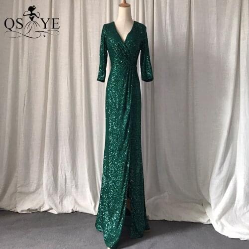 Sparkle Green Evening Dress Fit Mermaid Long Sleeves Evening Gown Glitter Pleat V Neck Split Party Dress Sequin Formal Gown 2021