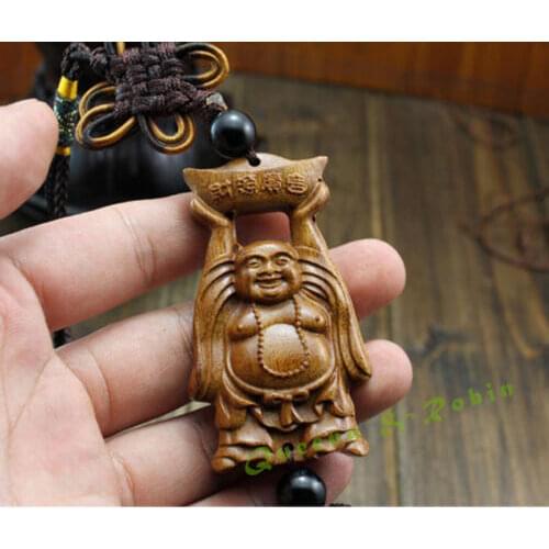 Chinese Knot Wood Carved Happy Laughing Maitrey Buddha Statue Car Pendant Amulet