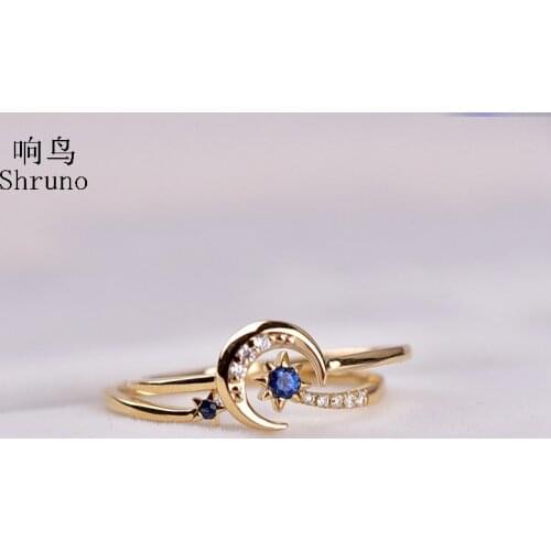 Solid 14K Yellow Gold Genuine Sapphire Diamonds Engagement Wedding Ring Women Stars moon style Trendy Fine Jewelry Diamond Ring