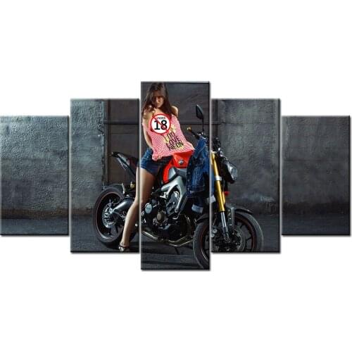Beautiful Girl and Motorcycle Wall Art Modular 5 Pieces Canvas Painting Wall Picture Prints Poster For Living Room Decor