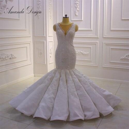 Amanda Design Custom Made Cap Sleeve Lace Appliques Pleat Mermaid Wedding Dress