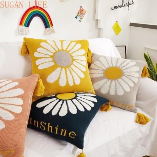 Small Daisy Knitted Cushion Cover Green Grey Nordic Style Pillow Case With Sofa Tassel For Bedroom Home Decoration 45*45cm