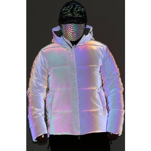 Men Winter Pink Reflective Parkas Hip Hop Thicken Warm Cotton Coat Woman Couple Hooded Parkas Rainbow Colors Streetwear