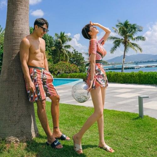 New One-piece Couple Swimwear Covering Belly Thinning Steel Plate Gathered Swimsuit Women Mens Swimming Trunks Beach Shorts