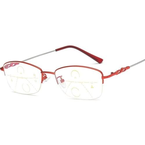 Reading Glasses Women Half-rim Ultralight Superthin Progressive Multifocus Smart Zoom Dual-use Red +1 +1.5 +2 +2.5 +3 TO +4