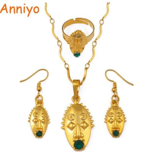 Anniyo Mask Pendant Necklaces Earrings Resizable Ring With Green Stone Papua New Guinea Jewelry PNG Ethnic Holiday Gift #094706