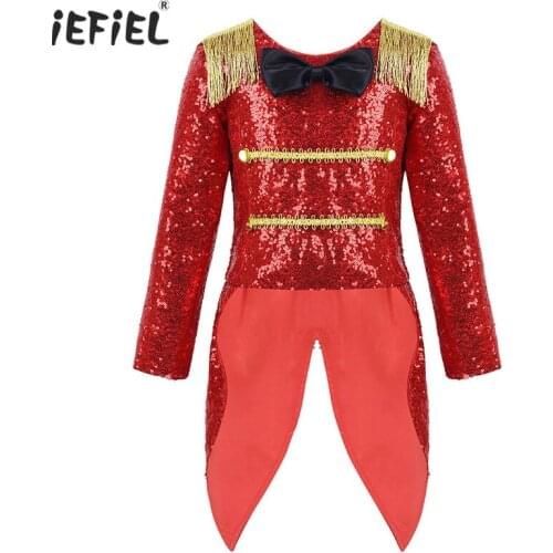 Kids Girls Ringmaster Circus Costume Long Sleeves Shiny Sequins Bowtie Fringe Swallow-Tailed Coat for Halloween Cosplay Party