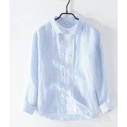 Long Sleeve Shirt for Men Casual Striped Turn-down Collar Tops 100% Linen Japanese Fashion Regular Clothing