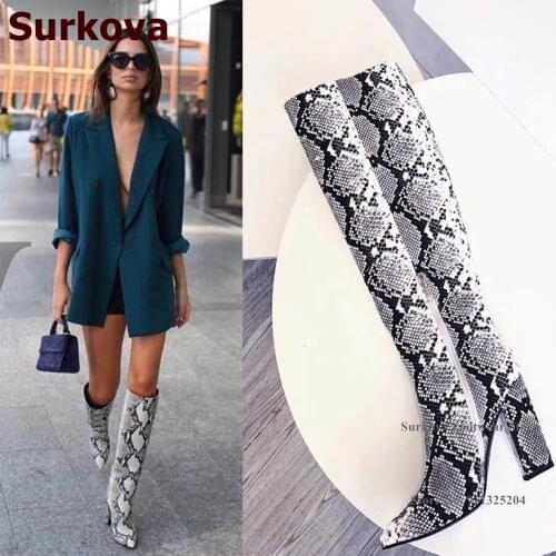 Surkova Chunky Heel Green Sankeskin Knee Boots Sexy Python Printed Pointed Toe Tall Boots Size46 Fall Winter Dress Shoes