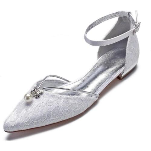 Comfort Flat Lace Wedding Shoes for Bride Pointed Toe Ankle Buckle Strap Lace Wedding Bridal Party Dress Flats