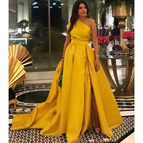 Vintage Long Yellow Taffeta Evening Dresses with Slit Floor Length Zipper Back Formal Party Dress for Women