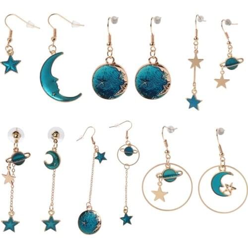 Blue Planet Moon Star Mismatch Long Chain Drop Earrings Women Fashion Jewelry