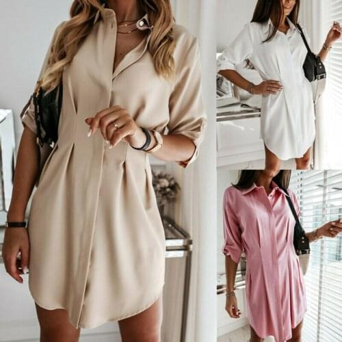 Women Autum Long Sleeve Mini Dress OL Ladies Casual Work Plain Shirt Blouse Tops