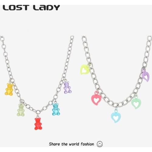 Lost Lady 5 Colors Rainbow Bear Pendants Necklace for Women Candy Color Hip-Hop Charm Flower Necklaces Jewelry Girls Party Gift
