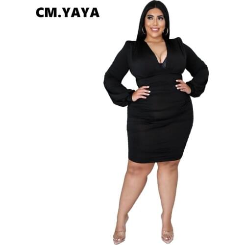 CM.YAYA Women Plus Size Dress Solid Full Sleeve V-neck Empire Bodycon Stretchy Skinny Dresses Office Lady Outfit Summer 2021