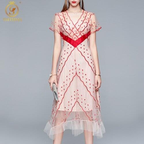 SMTHMA Mesh Embroidery Casual Long Dress Female Sexy V-Neck Short Sleeve High Waist Mid Dresses For Women Summer Fashion Clothes