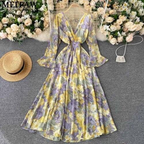 Vintage Floral Print High Waist Dresses 2021 Sexy Long Sleeve V Neck Backless Long Dress Women Spring Autumn Boho Dress