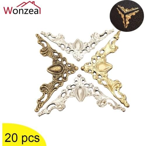 20PCS Wonzeal Antique Corner Brackets Box Notebook Cover For Menus Photo Frame Furniture Decorative DIY Craft Protector Hardware