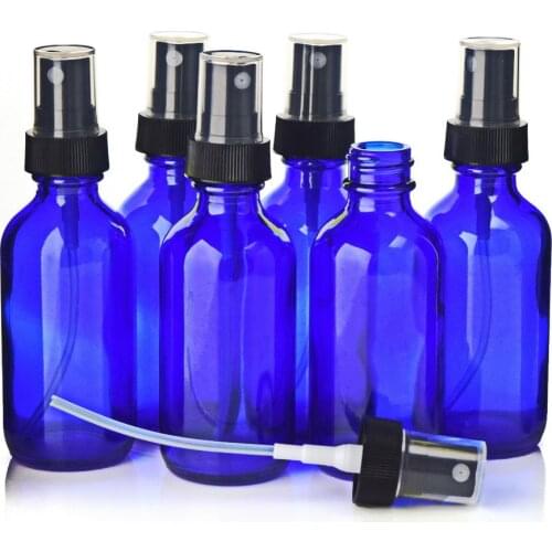 6pcs 60ml Cobalt Blue Glass Spray Bottles with black fine mist sprayer for essential oils cleaning aromatherapy refillable 2 Oz