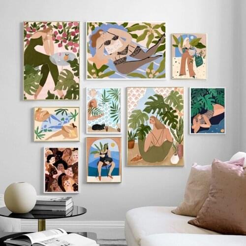 Abstract Girl Leaf Plant Scenery Wall Art Canvas Painting Vintage Nordic Posters And Prints Wall Pictures For Living room Decor