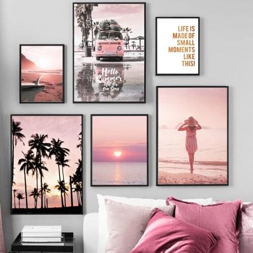 5D DIY Diamond Painting Nordic Pink Sunset Beach Coconut Tree Surfboard Car Cross Stitch Kit Picture of Rhinestones Decor Gift