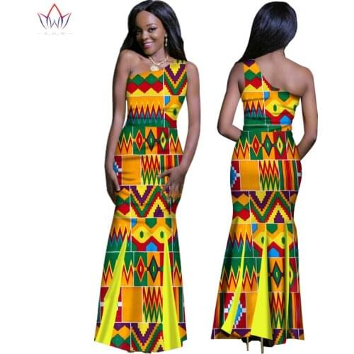 BintaRealWax African Dresses Bazin Riche One-Shoulder Africa Wax Print Dresses Plus Size Long Party Dress for Women WY1276