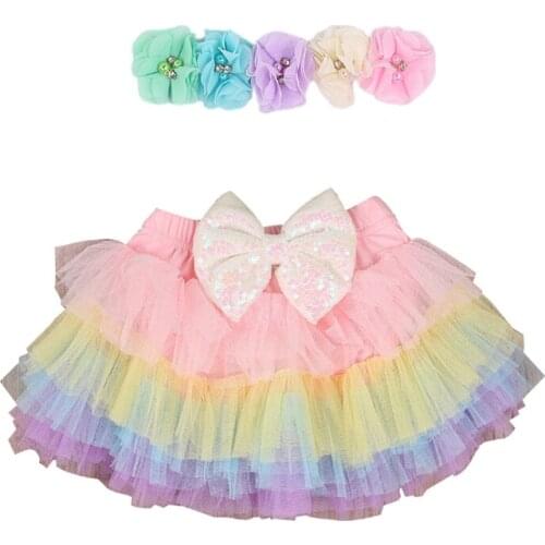 0-3M Infant Baby Girls Rainbow Tutu Skirt Sequin Bowknot Mesh Layers Skirts Flower Headwear Headband